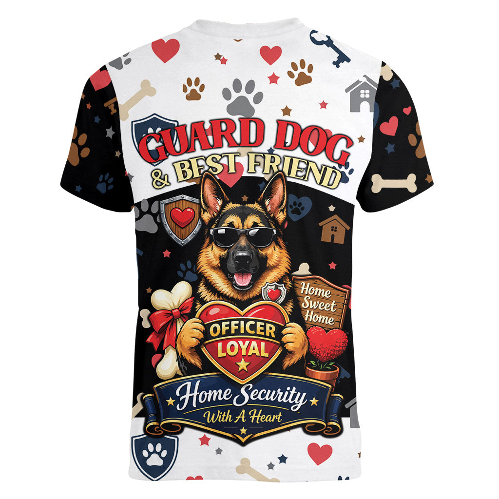 German Shepherd Home Security With A Heart Women V-Neck T-Shirt Officer Loyal Guard Dog Best Friend Mascot