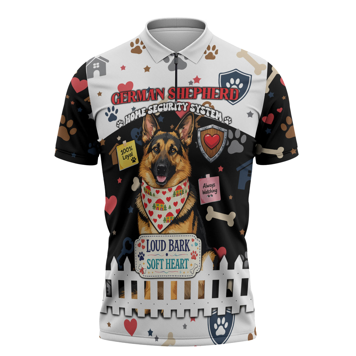German Shepherd Home Security With A Heart Zipper Polo Shirt Officer Loyal Guard Dog Best Friend Mascot