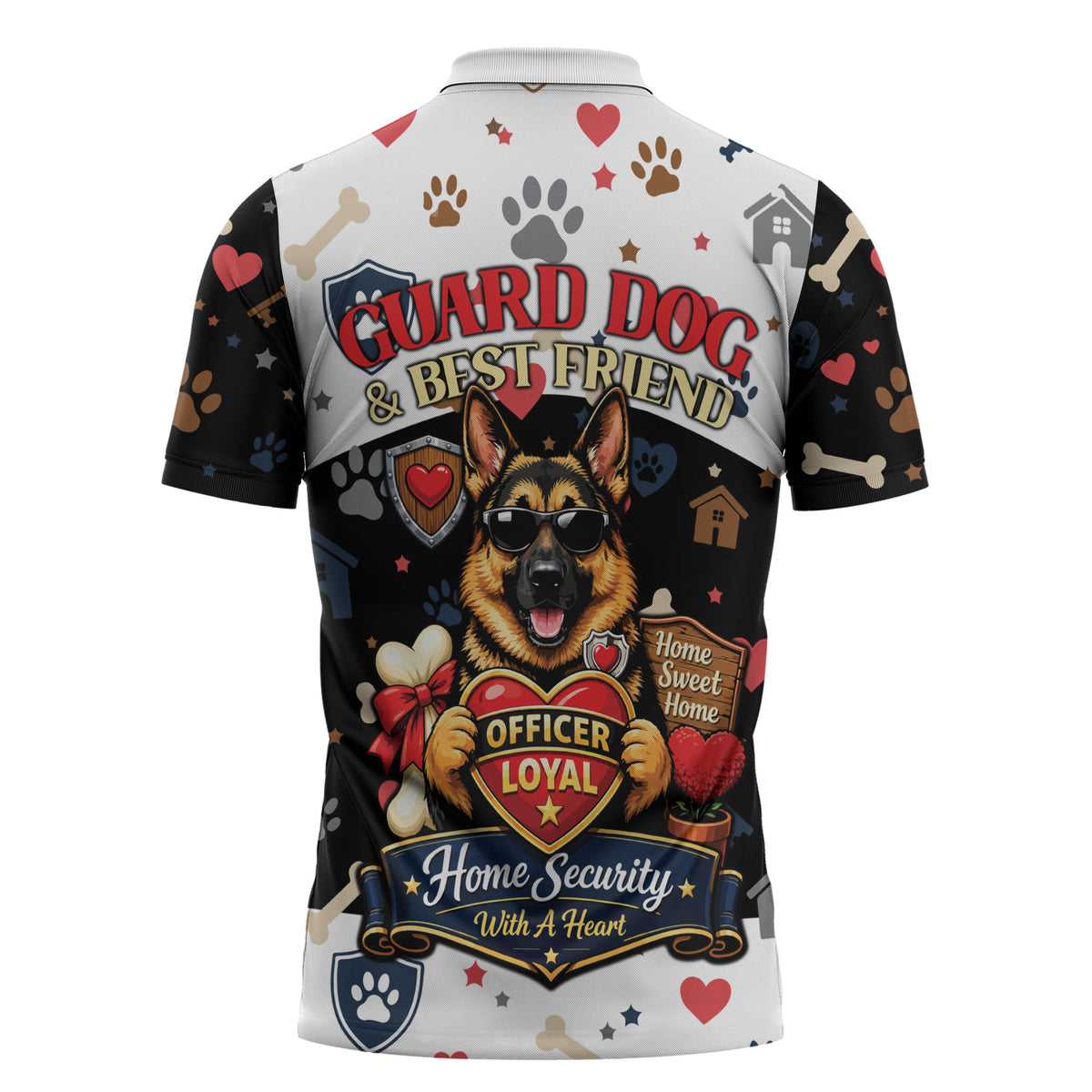 German Shepherd Home Security With A Heart Zipper Polo Shirt Officer Loyal Guard Dog Best Friend Mascot