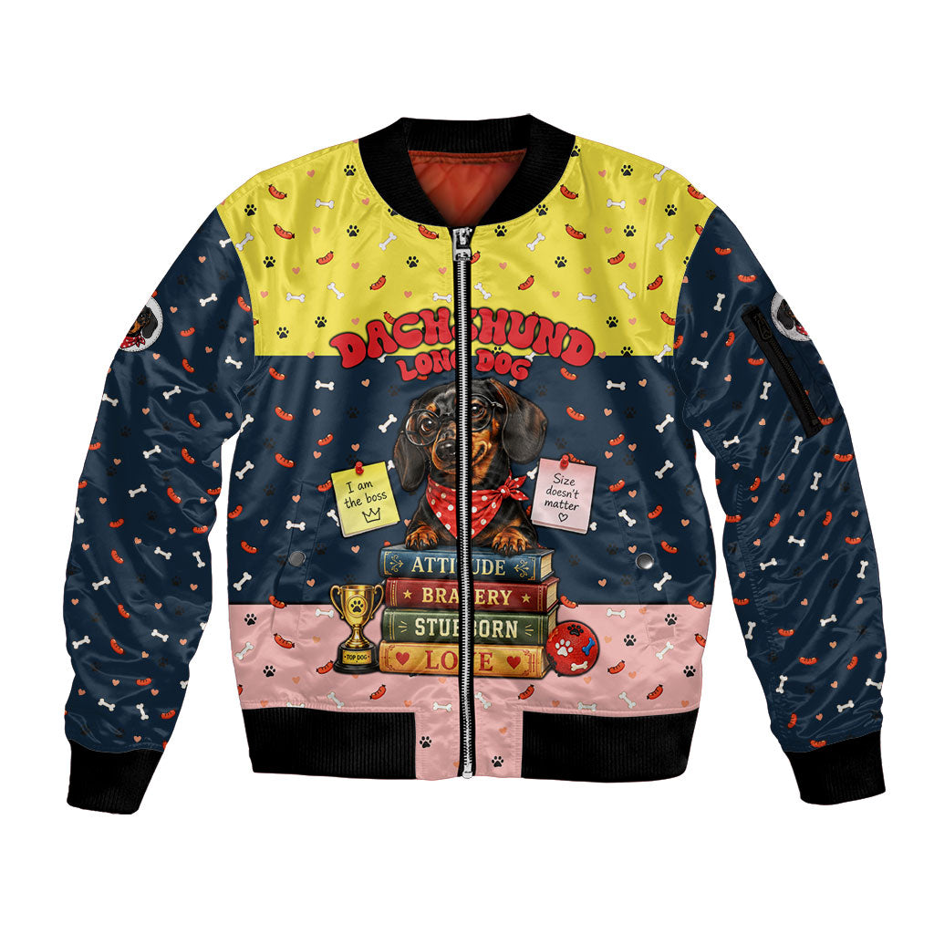 Dachshund Long Dog Big Personality Sleeve Zip Bomber Jacket Dachshund Lovers Club Cute Mascot