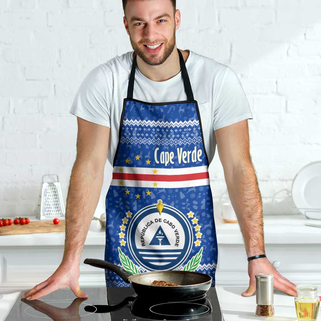 Cape Verde Christmas Apron with Blue Festive Pattern Sailing Santa and National Emblem Motif - Wonder Print Shop