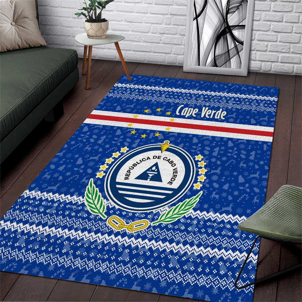 Cape Verde Christmas Area Rug with Blue Festive Pattern Sailing Santa and National Emblem Motif - Wonder Print Shop