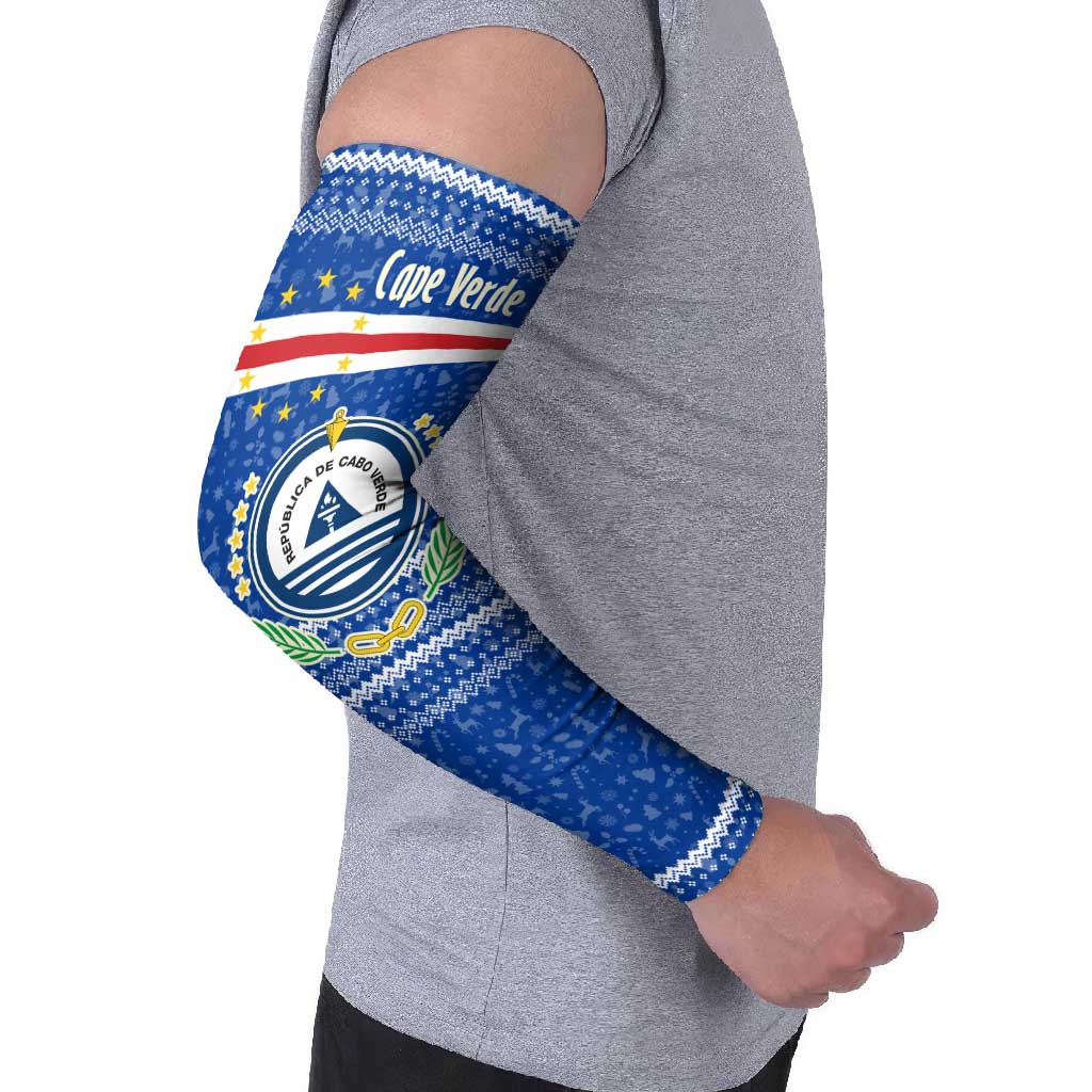 Cape Verde Christmas Arm Sleeves with Blue Festive Pattern Sailing Santa and National Emblem Motif - Wonder Print Shop