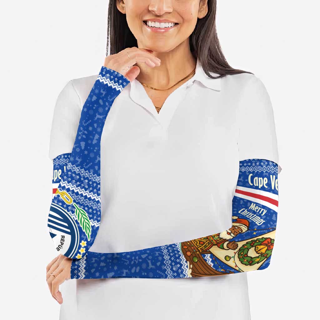 Cape Verde Christmas Arm Sleeves with Blue Festive Pattern Sailing Santa and National Emblem Motif - Wonder Print Shop