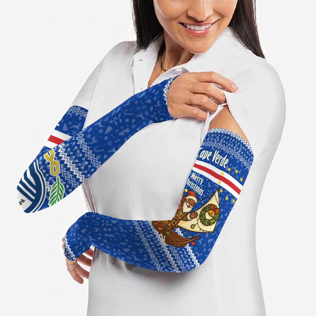 Cape Verde Christmas Arm Sleeves with Blue Festive Pattern Sailing Santa and National Emblem Motif - Wonder Print Shop