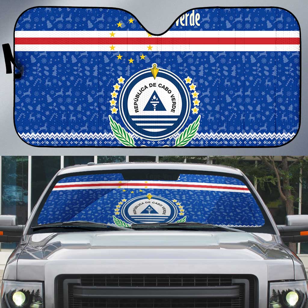 Cape Verde Christmas Auto Sun Shade with Blue Festive Pattern Sailing Santa and National Emblem Motif - Wonder Print Shop