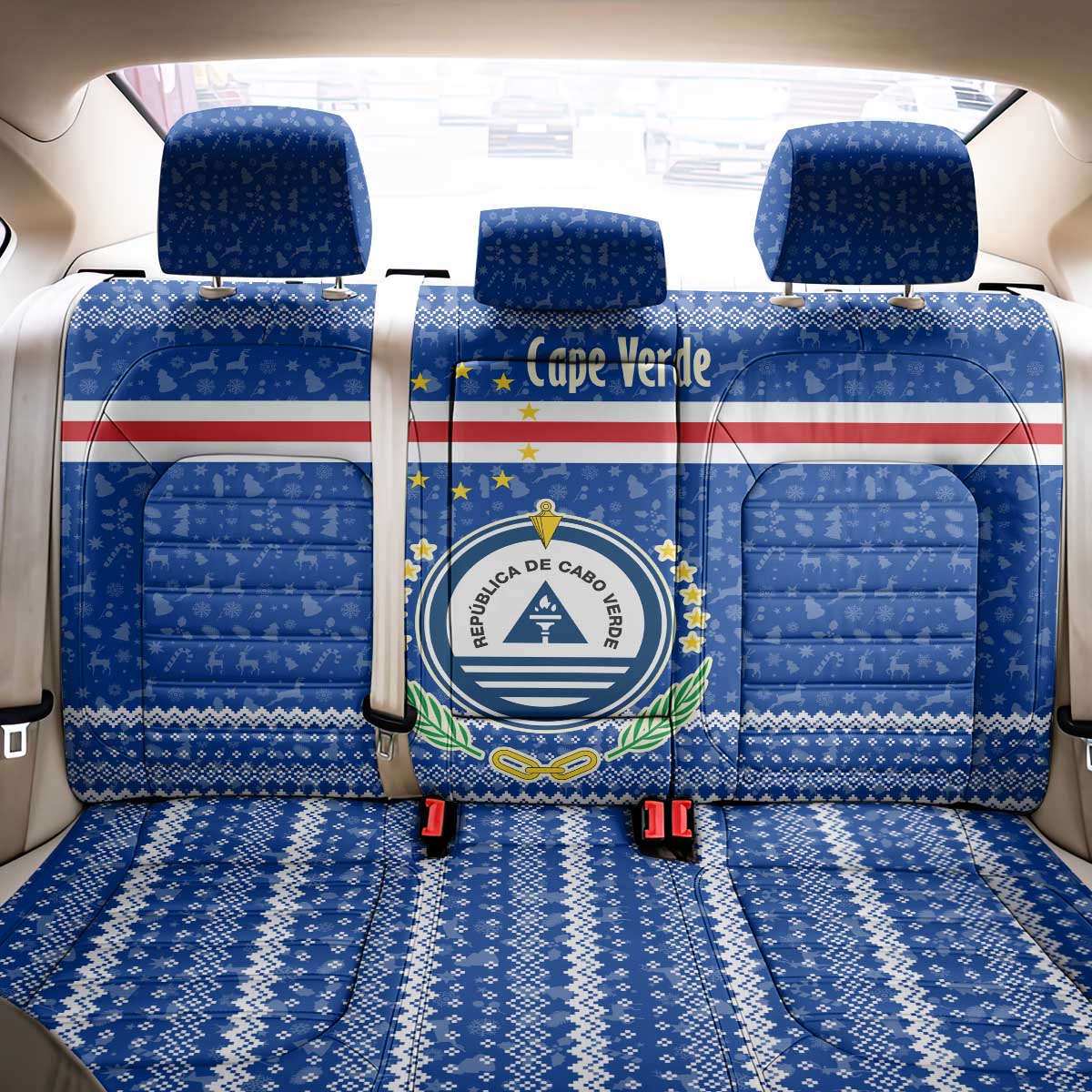 Cape Verde Christmas Back Car Seat Cover with Blue Festive Pattern Sailing Santa and National Emblem Motif - Wonder Print Shop