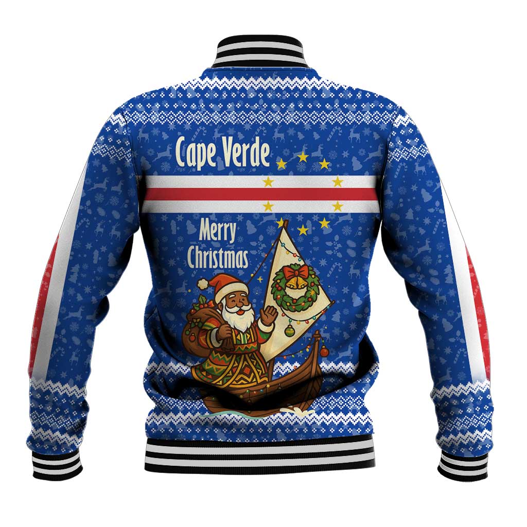 Cape Verde Christmas Baseball Jacket with Blue Festive Pattern Sailing Santa and National Emblem Motif - Wonder Print Shop