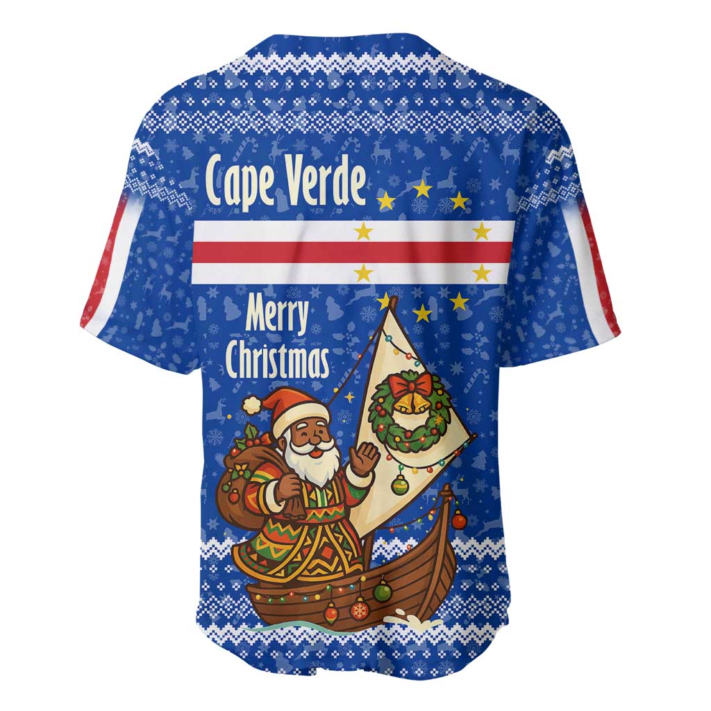 Cape Verde Christmas Baseball Jersey with Blue Festive Pattern Sailing Santa and National Emblem Motif - Wonder Print Shop