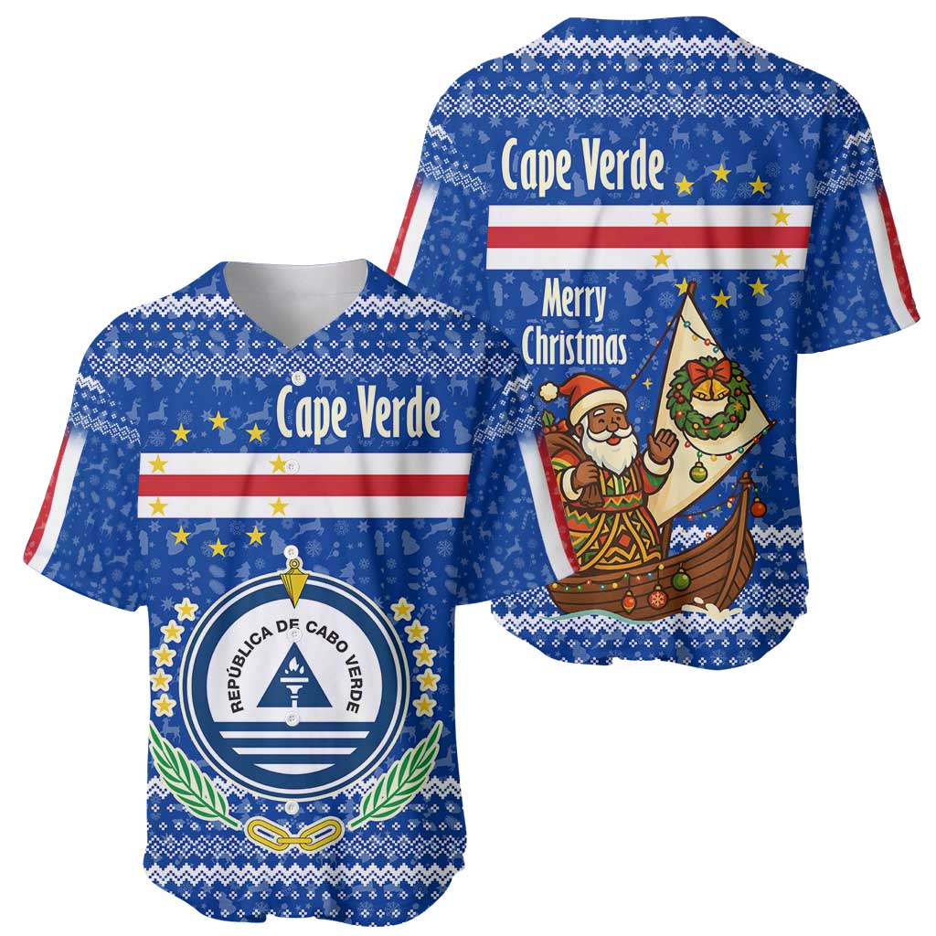 Cape Verde Christmas Baseball Jersey with Blue Festive Pattern Sailing Santa and National Emblem Motif - Wonder Print Shop