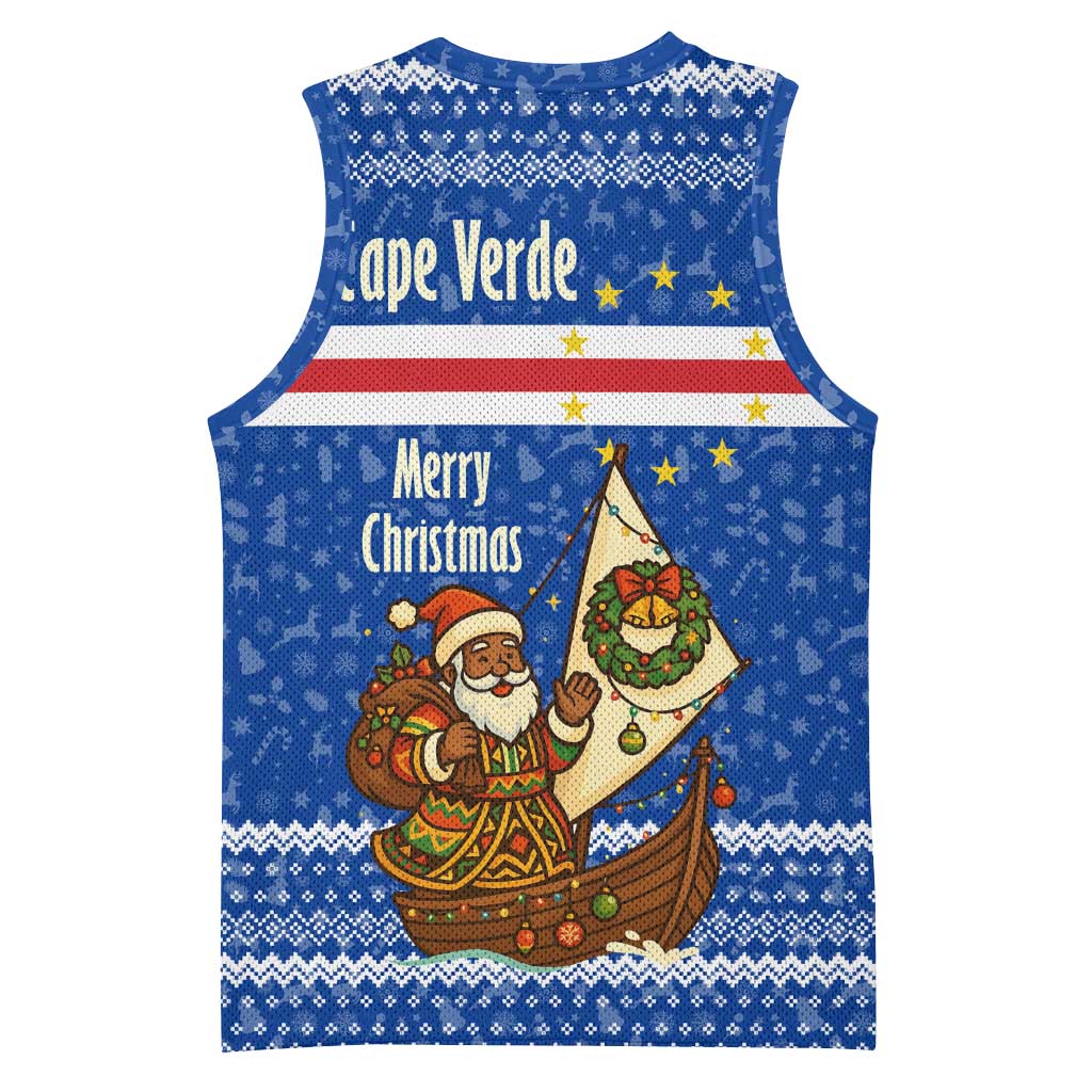 Cape Verde Christmas Basketball Jersey with Blue Festive Pattern Sailing Santa and National Emblem Motif - Wonder Print Shop