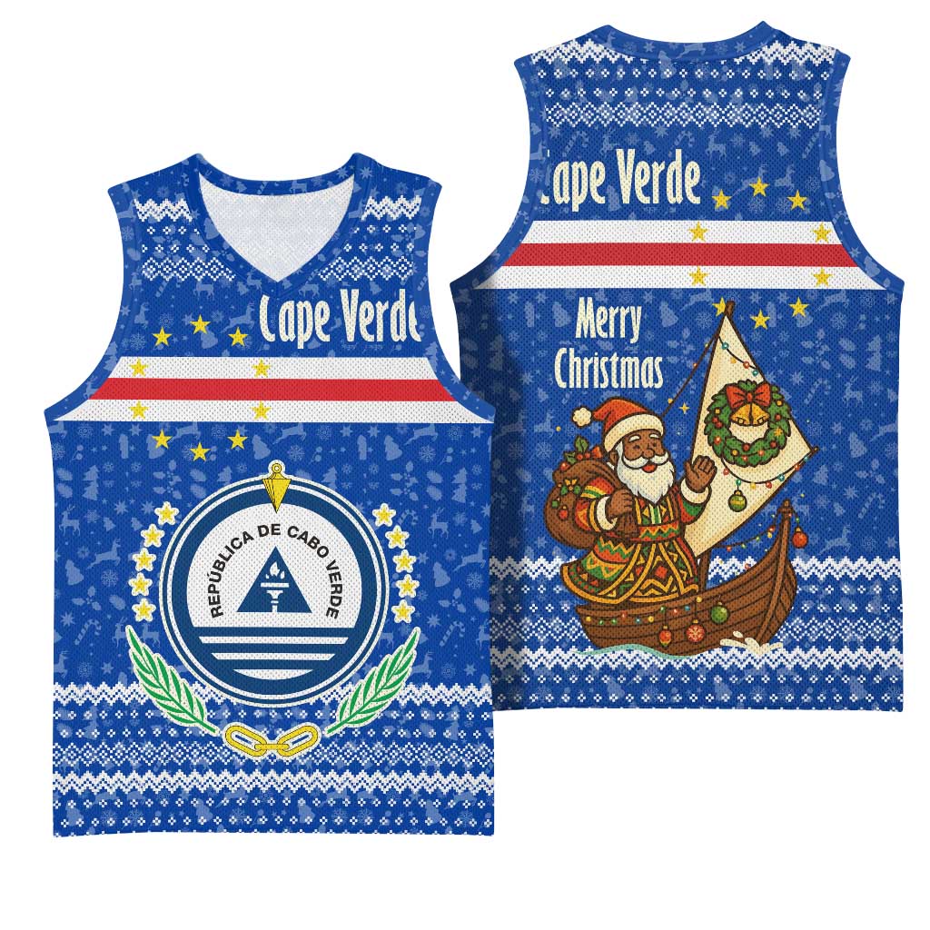Cape Verde Christmas Basketball Jersey with Blue Festive Pattern Sailing Santa and National Emblem Motif - Wonder Print Shop