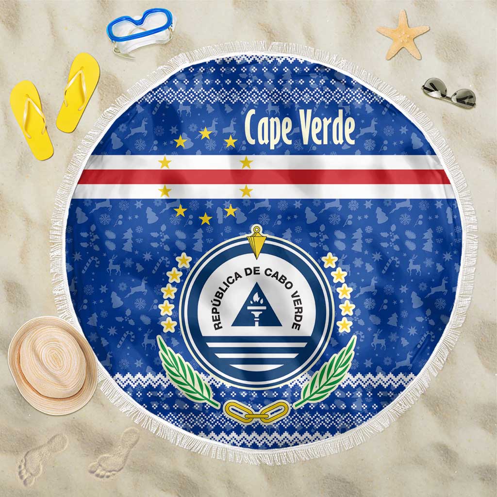 Cape Verde Christmas Beach Blanket with Blue Festive Pattern Sailing Santa and National Emblem Motif - Wonder Print Shop