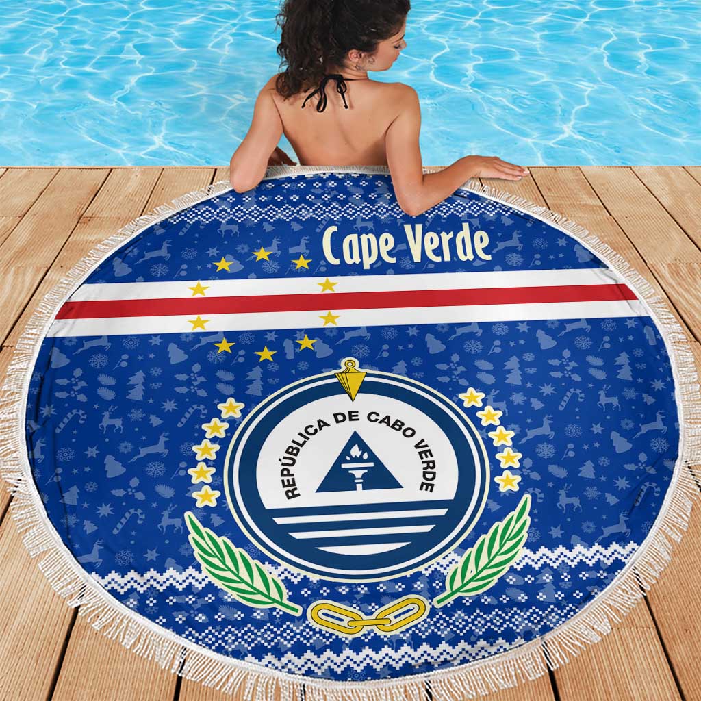 Cape Verde Christmas Beach Blanket with Blue Festive Pattern Sailing Santa and National Emblem Motif - Wonder Print Shop