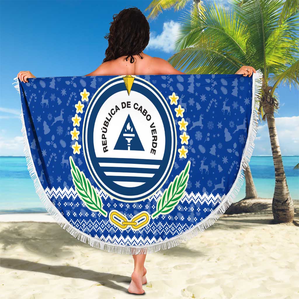 Cape Verde Christmas Beach Blanket with Blue Festive Pattern Sailing Santa and National Emblem Motif - Wonder Print Shop