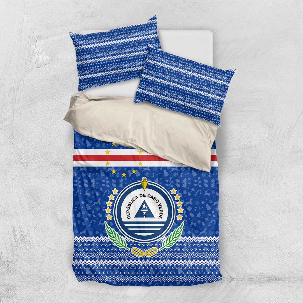 Cape Verde Christmas Bedding Set with Blue Festive Pattern Sailing Santa and National Emblem Motif - Wonder Print Shop