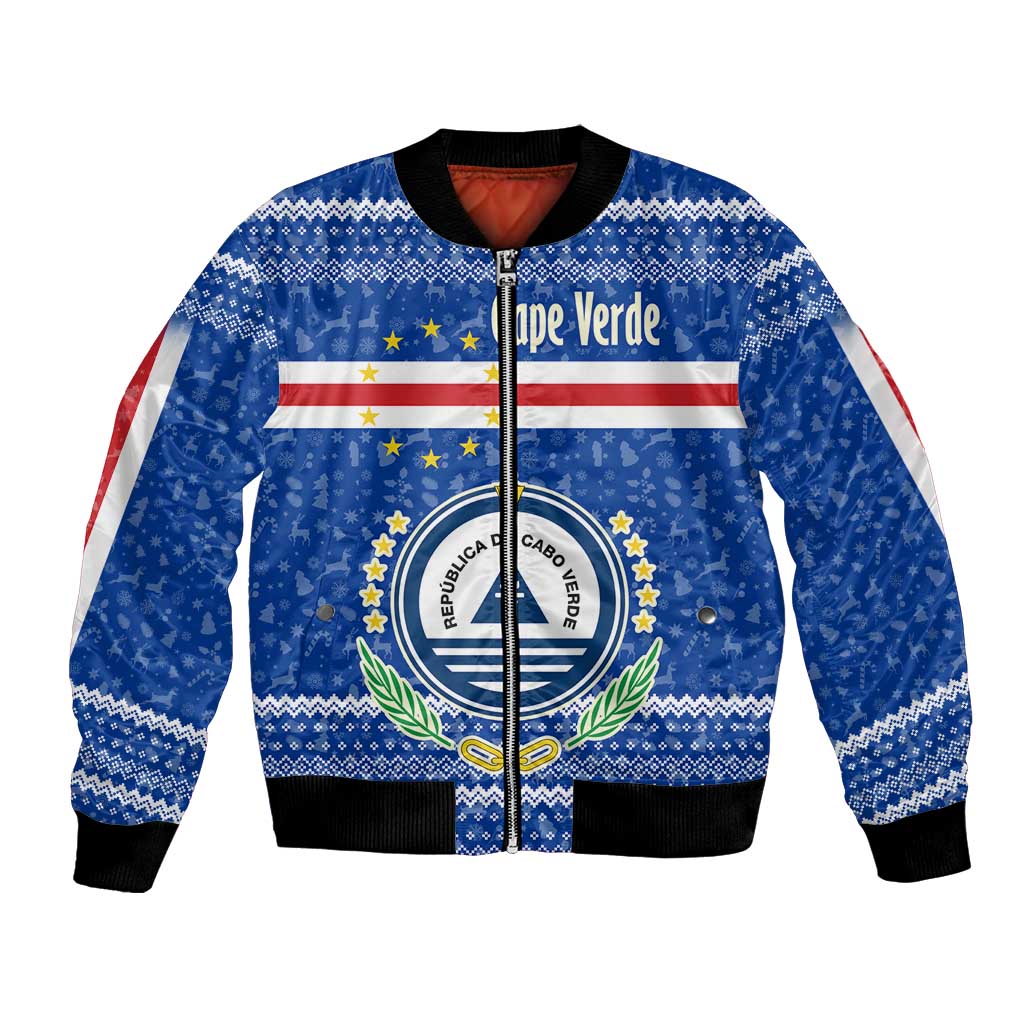 Cape Verde Christmas Bomber Jacket with Blue Festive Pattern Sailing Santa and National Emblem Motif - Wonder Print Shop