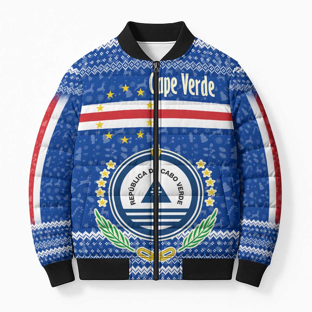 Cape Verde Christmas Bomber Puffer Jacket with Blue Festive Pattern Sailing Santa and National Emblem Motif - Wonder Print Shop