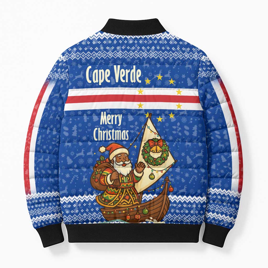 Cape Verde Christmas Bomber Puffer Jacket with Blue Festive Pattern Sailing Santa and National Emblem Motif - Wonder Print Shop