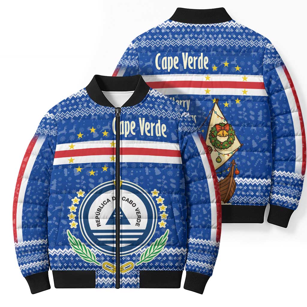 Cape Verde Christmas Bomber Puffer Jacket with Blue Festive Pattern Sailing Santa and National Emblem Motif - Wonder Print Shop