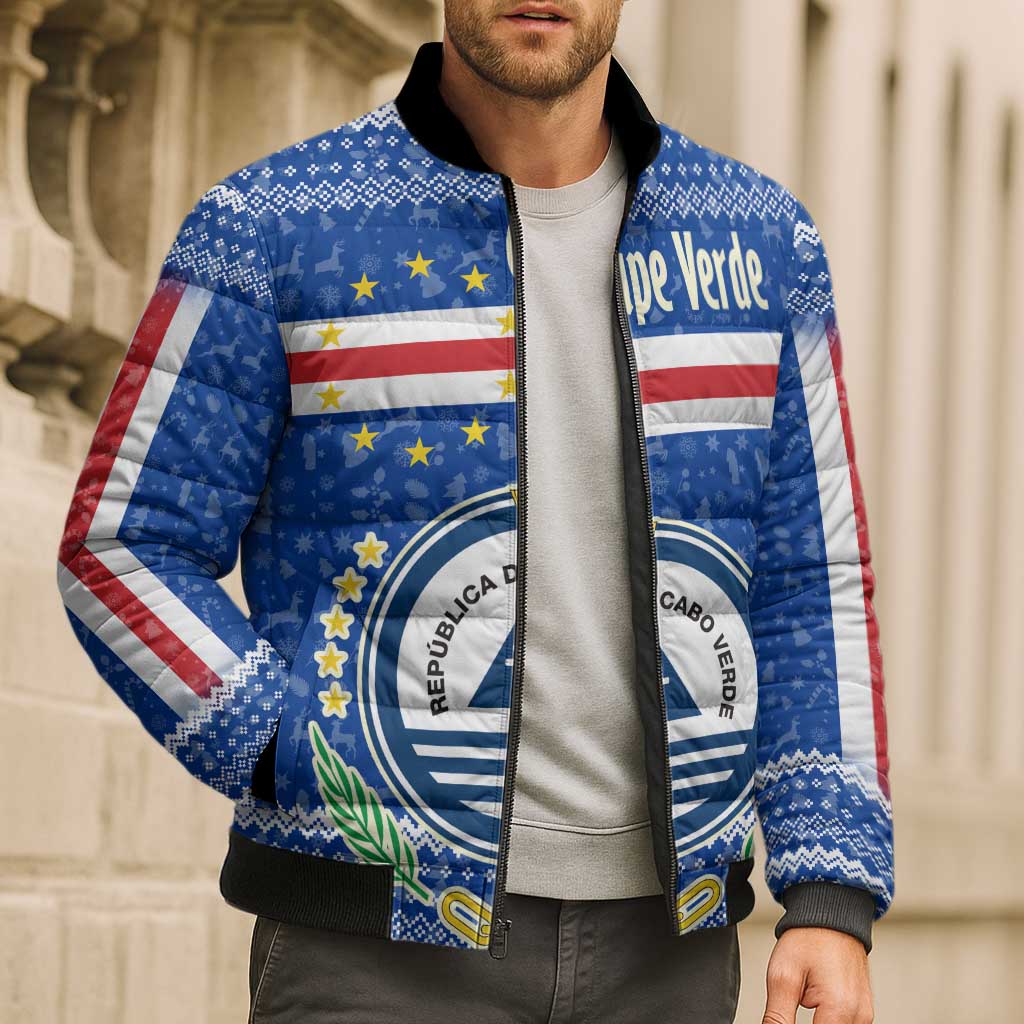 Cape Verde Christmas Bomber Puffer Jacket with Blue Festive Pattern Sailing Santa and National Emblem Motif - Wonder Print Shop