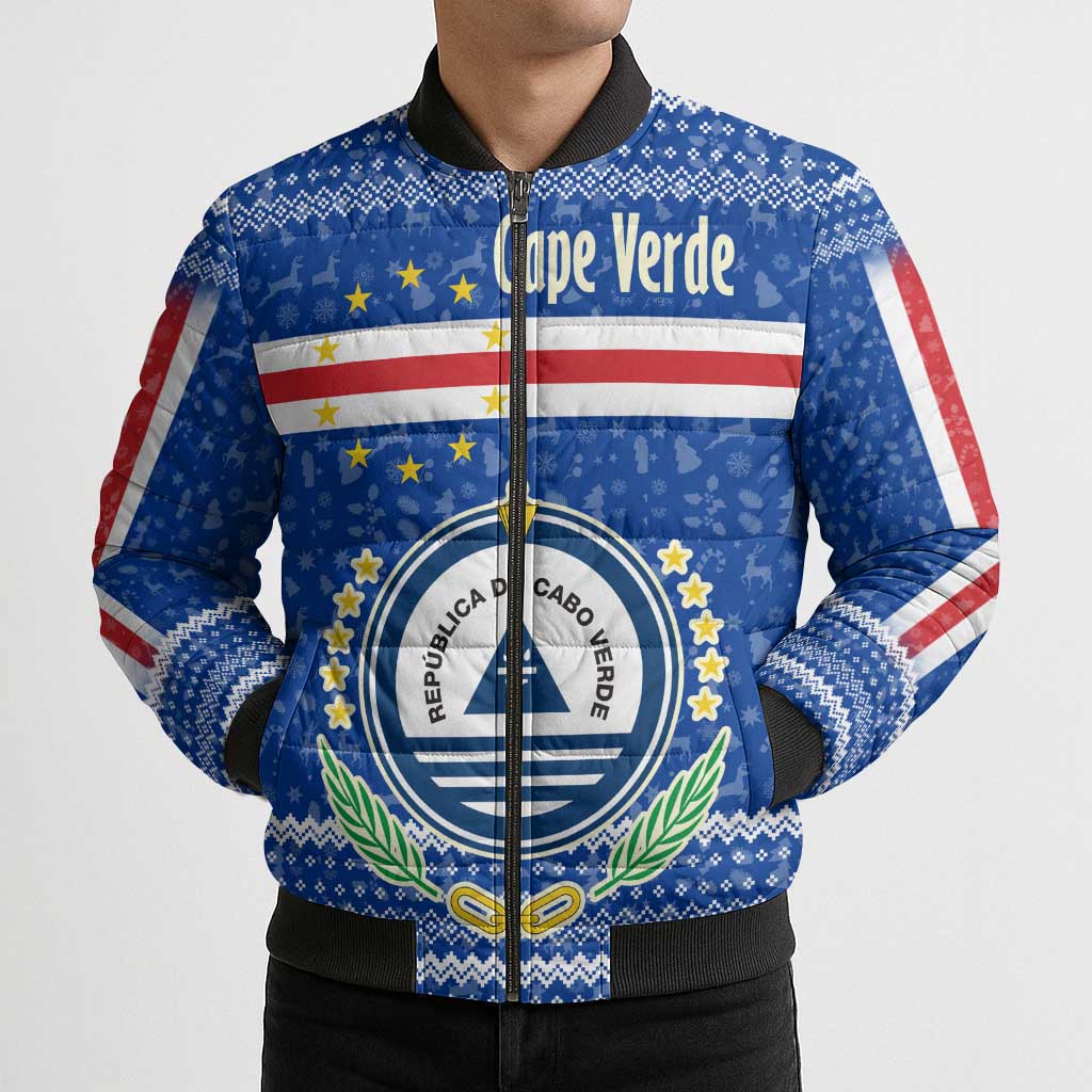 Cape Verde Christmas Bomber Puffer Jacket with Blue Festive Pattern Sailing Santa and National Emblem Motif - Wonder Print Shop