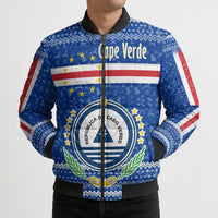 Cape Verde Christmas Bomber Puffer Jacket with Blue Festive Pattern Sailing Santa and National Emblem Motif - Wonder Print Shop