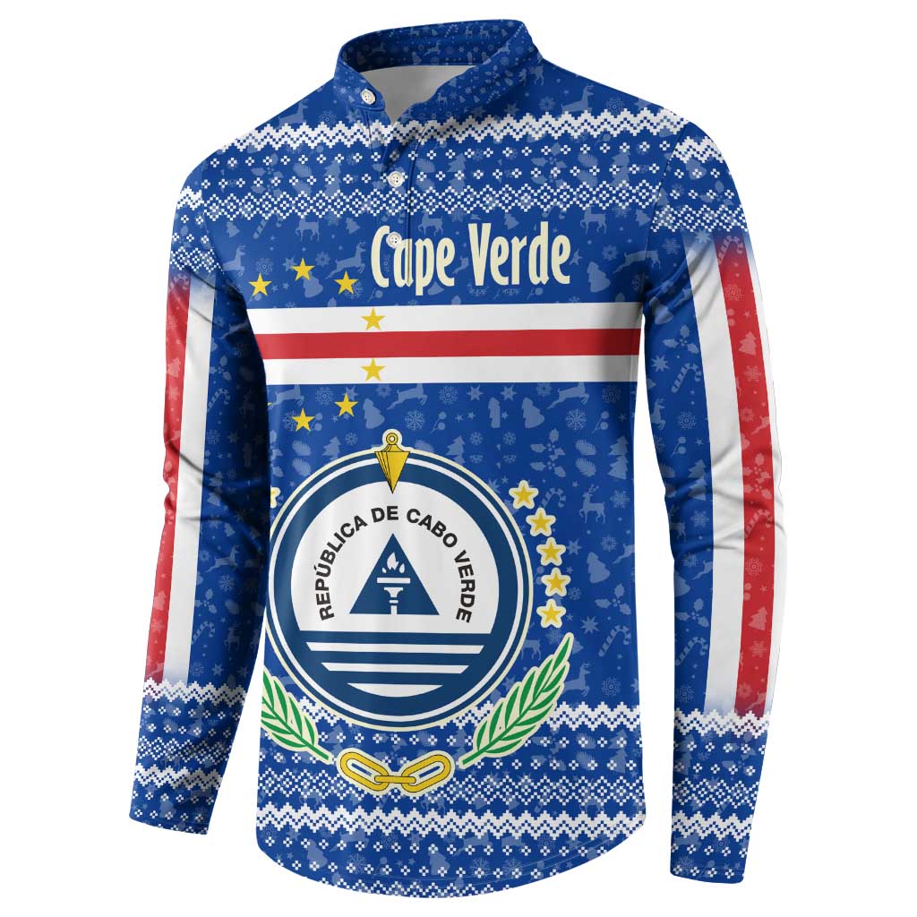 Cape Verde Christmas Button Sweatshirt with Blue Festive Pattern Sailing Santa and National Emblem Motif - Wonder Print Shop