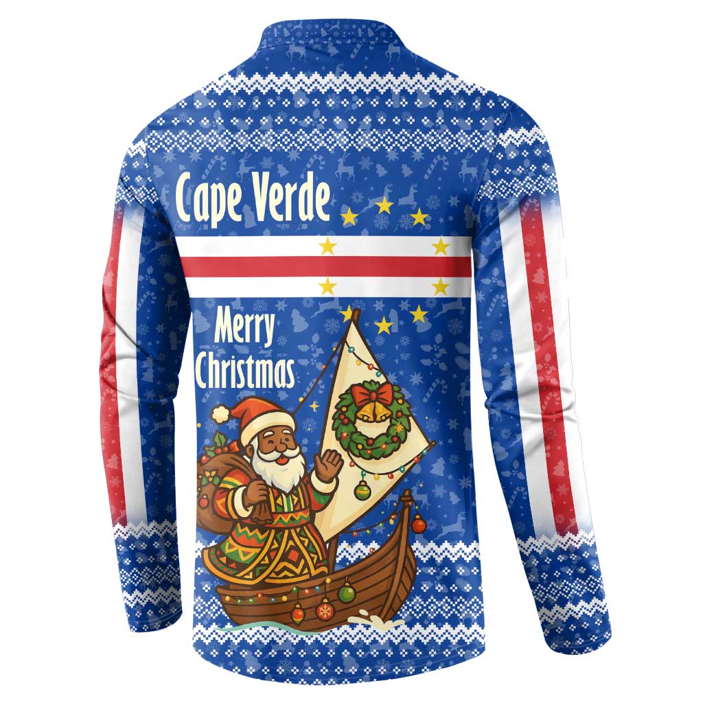 Cape Verde Christmas Button Sweatshirt with Blue Festive Pattern Sailing Santa and National Emblem Motif - Wonder Print Shop