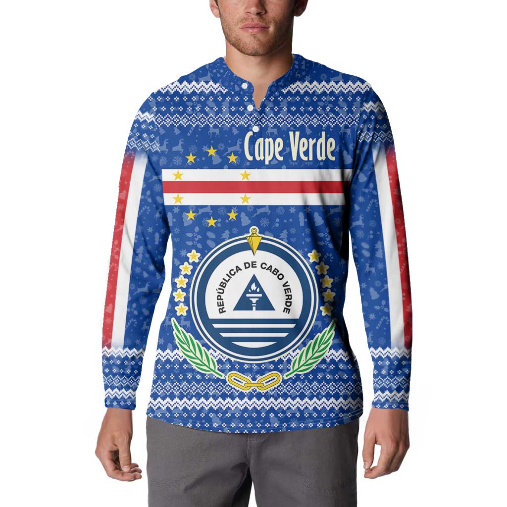Cape Verde Christmas Button Sweatshirt with Blue Festive Pattern Sailing Santa and National Emblem Motif - Wonder Print Shop