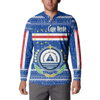 Cape Verde Christmas Button Sweatshirt with Blue Festive Pattern Sailing Santa and National Emblem Motif - Wonder Print Shop