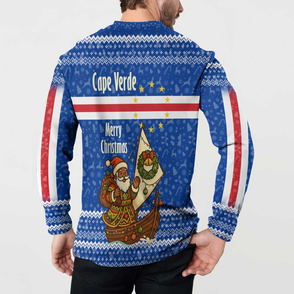 Cape Verde Christmas Button Sweatshirt with Blue Festive Pattern Sailing Santa and National Emblem Motif - Wonder Print Shop