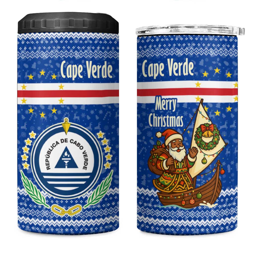 Cape Verde Christmas 4 in 1 Can Cooler Tumbler with Blue Festive Pattern Sailing Santa and National Emblem Motif - Wonder Print Shop