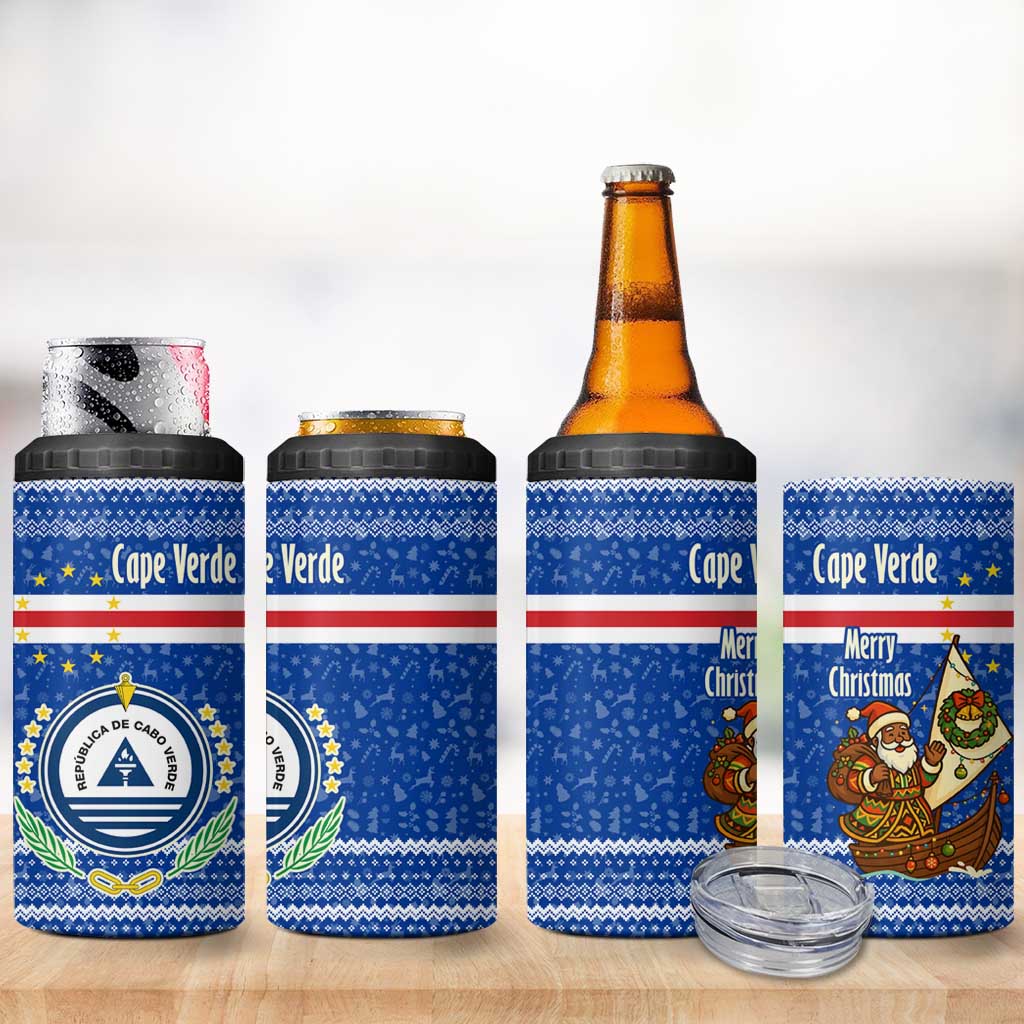Cape Verde Christmas 4 in 1 Can Cooler Tumbler with Blue Festive Pattern Sailing Santa and National Emblem Motif - Wonder Print Shop