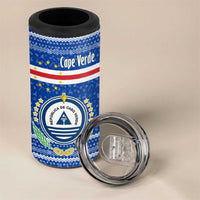 Cape Verde Christmas 4 in 1 Can Cooler Tumbler with Blue Festive Pattern Sailing Santa and National Emblem Motif - Wonder Print Shop