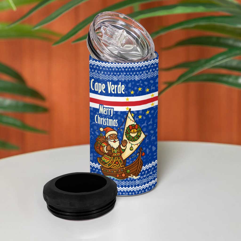 Cape Verde Christmas 4 in 1 Can Cooler Tumbler with Blue Festive Pattern Sailing Santa and National Emblem Motif - Wonder Print Shop