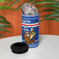 Cape Verde Christmas 4 in 1 Can Cooler Tumbler with Blue Festive Pattern Sailing Santa and National Emblem Motif - Wonder Print Shop