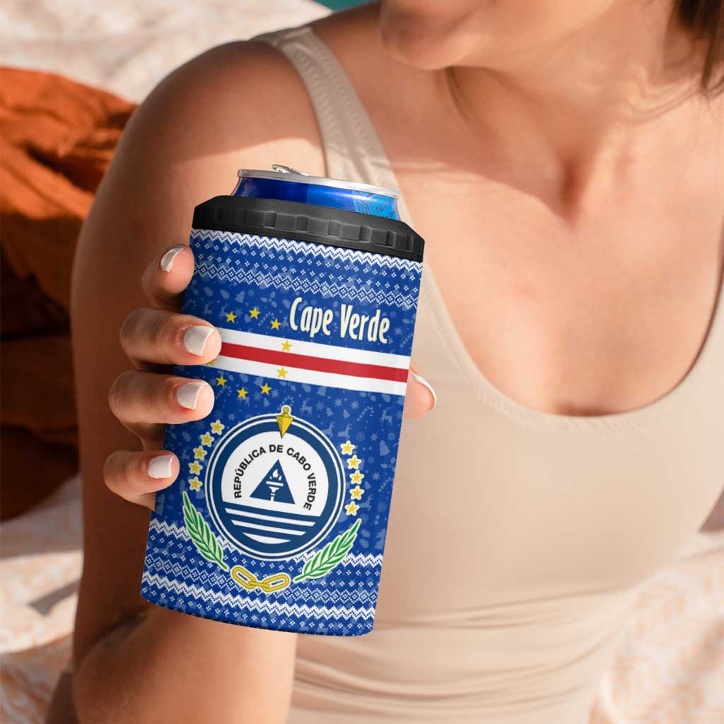 Cape Verde Christmas 4 in 1 Can Cooler Tumbler with Blue Festive Pattern Sailing Santa and National Emblem Motif - Wonder Print Shop