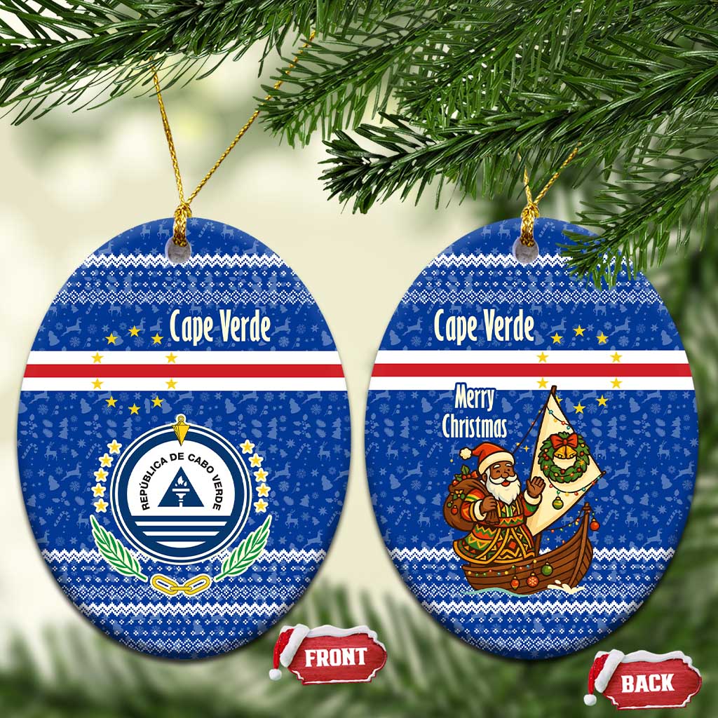 Cape Verde Christmas Ceramic Ornament with Blue Festive Pattern Sailing Santa and National Emblem Motif - Wonder Print Shop