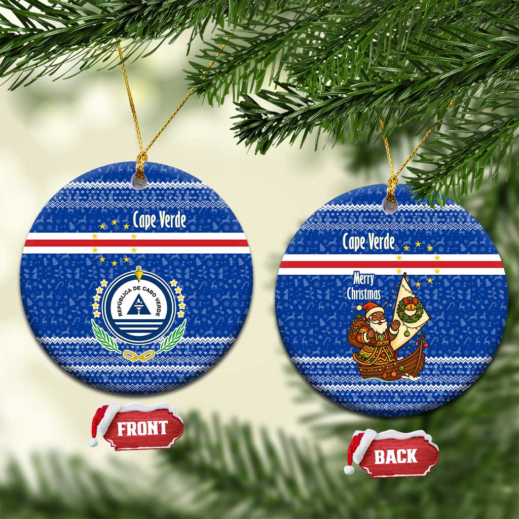 Cape Verde Christmas Ceramic Ornament with Blue Festive Pattern Sailing Santa and National Emblem Motif - Wonder Print Shop
