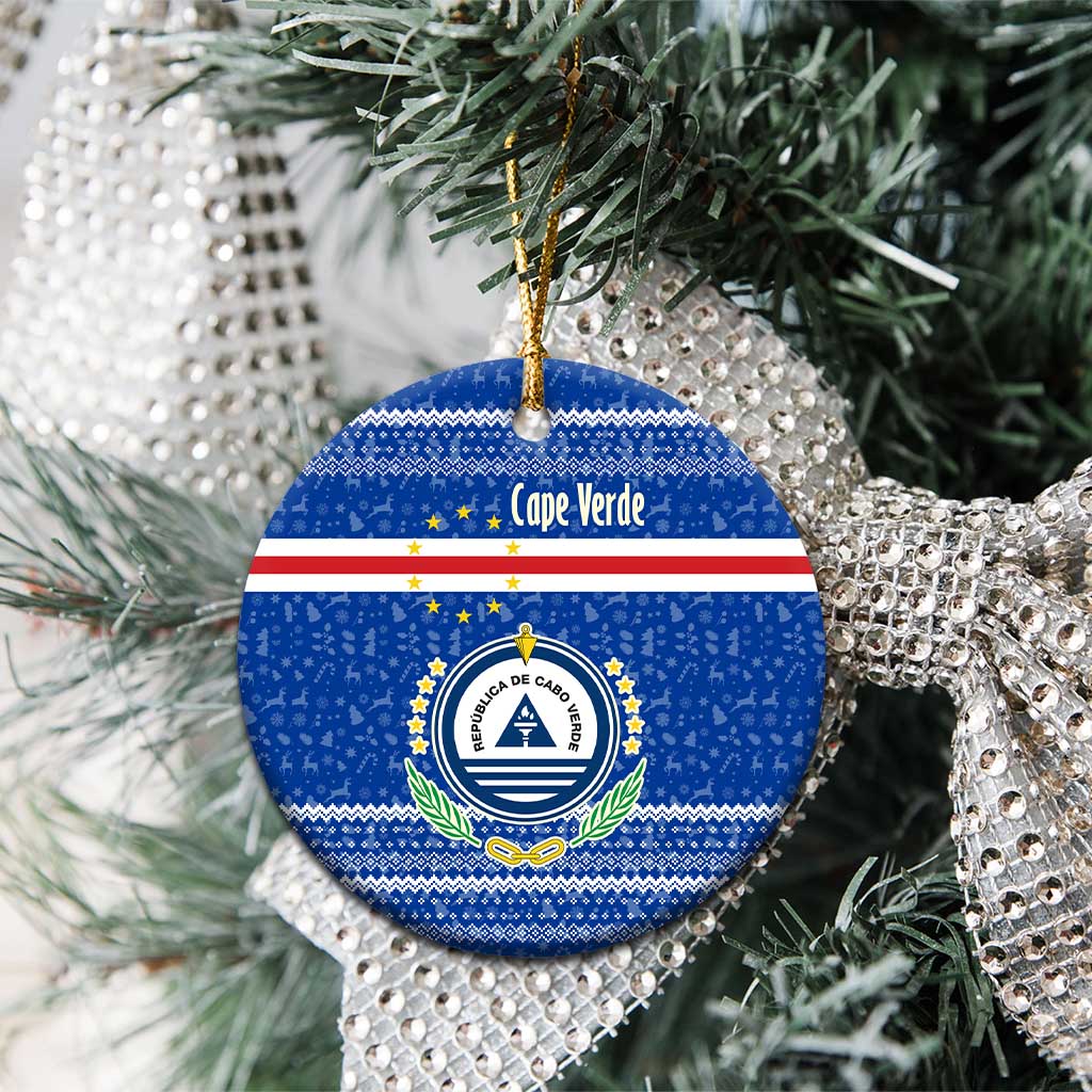 Cape Verde Christmas Ceramic Ornament with Blue Festive Pattern Sailing Santa and National Emblem Motif - Wonder Print Shop