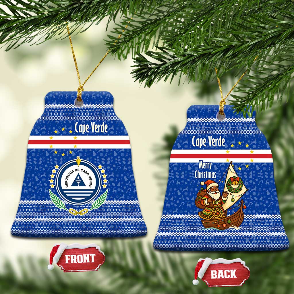 Cape Verde Christmas Ceramic Ornament with Blue Festive Pattern Sailing Santa and National Emblem Motif - Wonder Print Shop