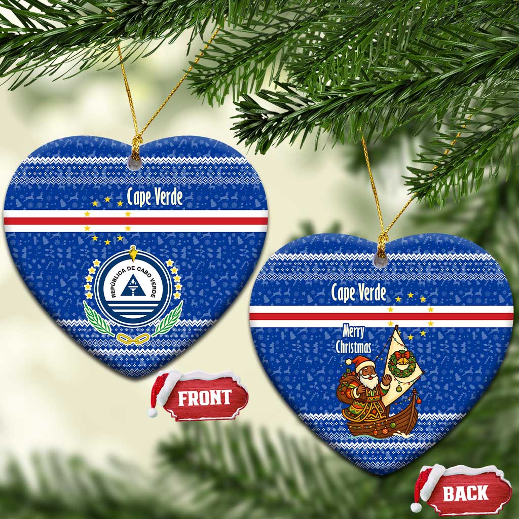Cape Verde Christmas Ceramic Ornament with Blue Festive Pattern Sailing Santa and National Emblem Motif - Wonder Print Shop