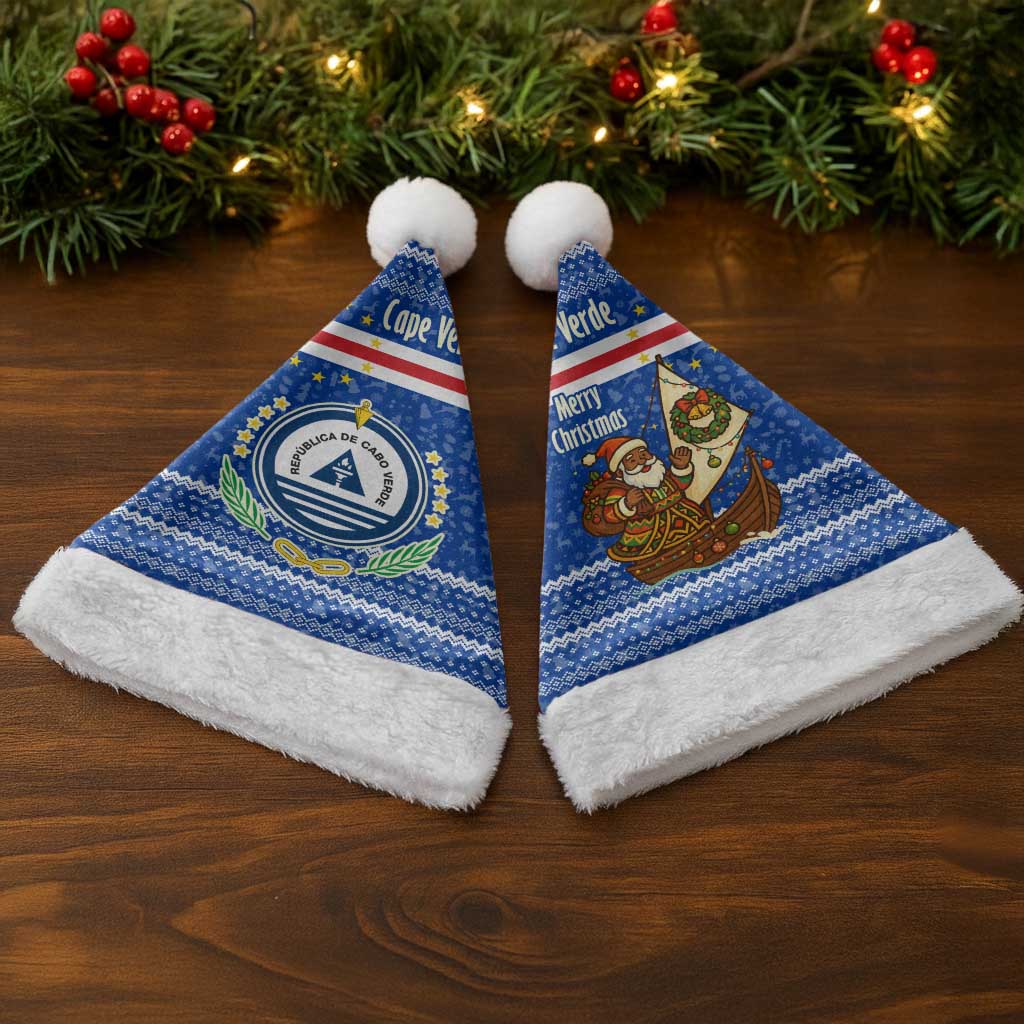 Cape Verde Christmas Santa Hat with Blue Festive Pattern Sailing Santa and National Emblem Motif - Wonder Print Shop