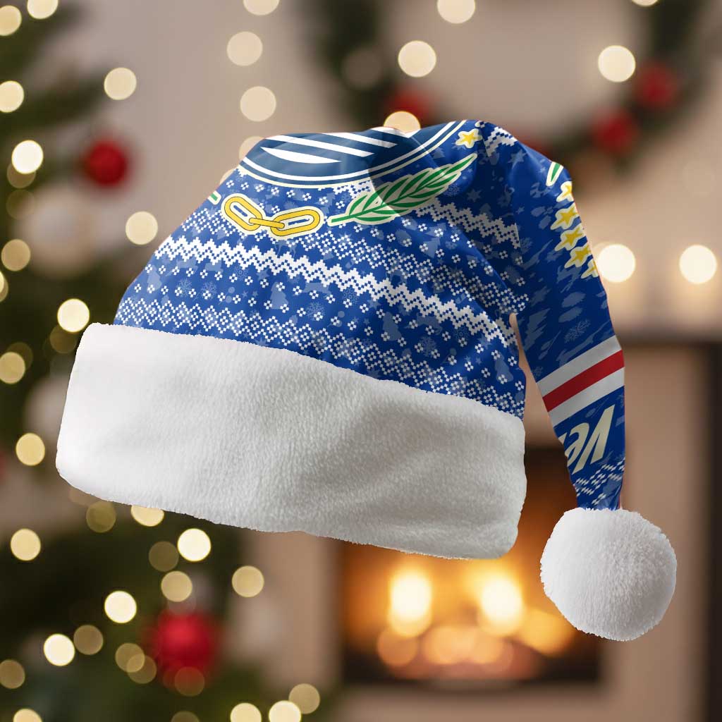 Cape Verde Christmas Santa Hat with Blue Festive Pattern Sailing Santa and National Emblem Motif - Wonder Print Shop