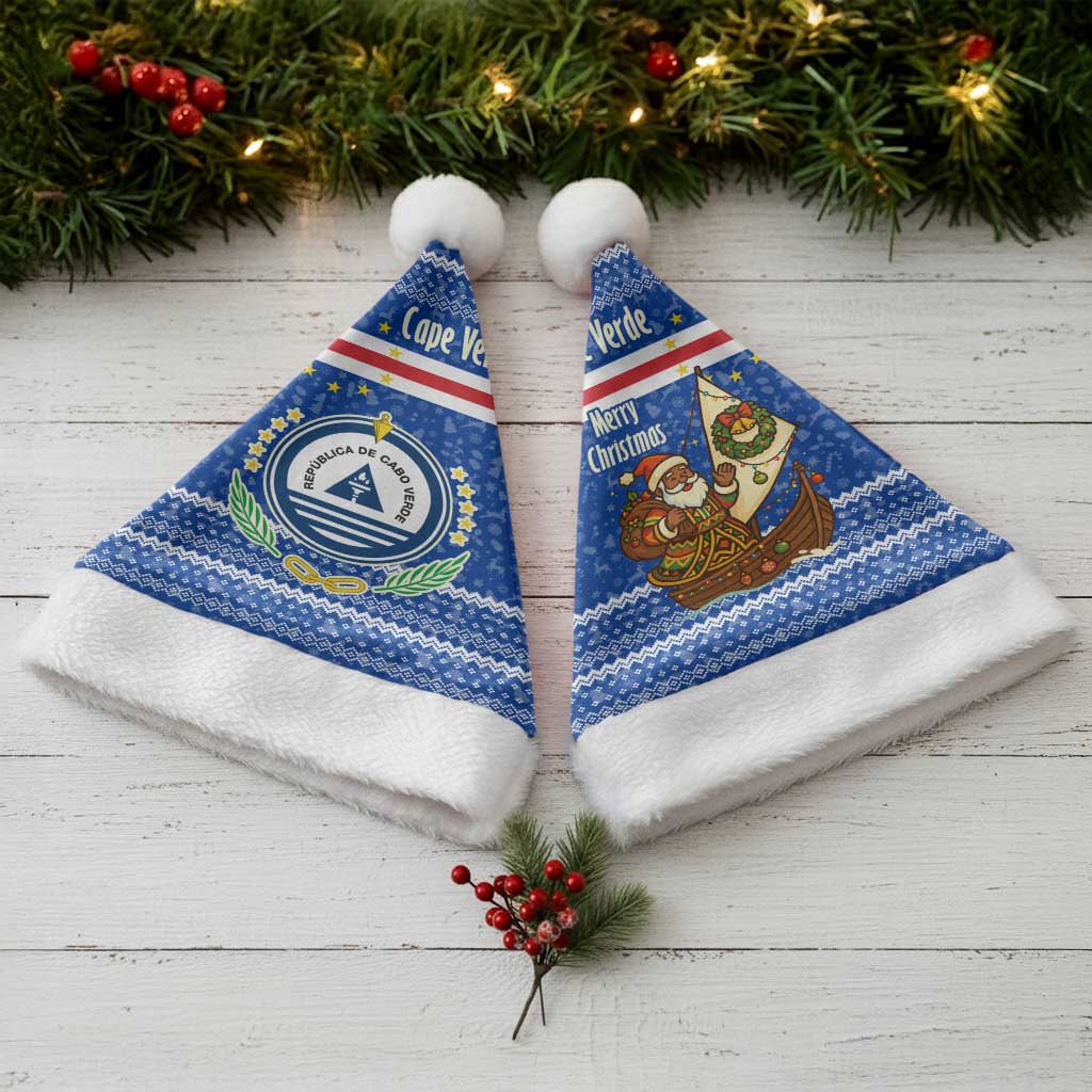 Cape Verde Christmas Santa Hat with Blue Festive Pattern Sailing Santa and National Emblem Motif - Wonder Print Shop