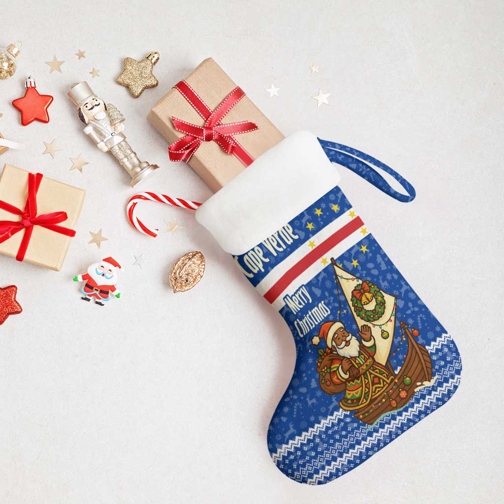 Cape Verde Christmas Stocking with Blue Festive Pattern Sailing Santa and National Emblem Motif - Wonder Print Shop