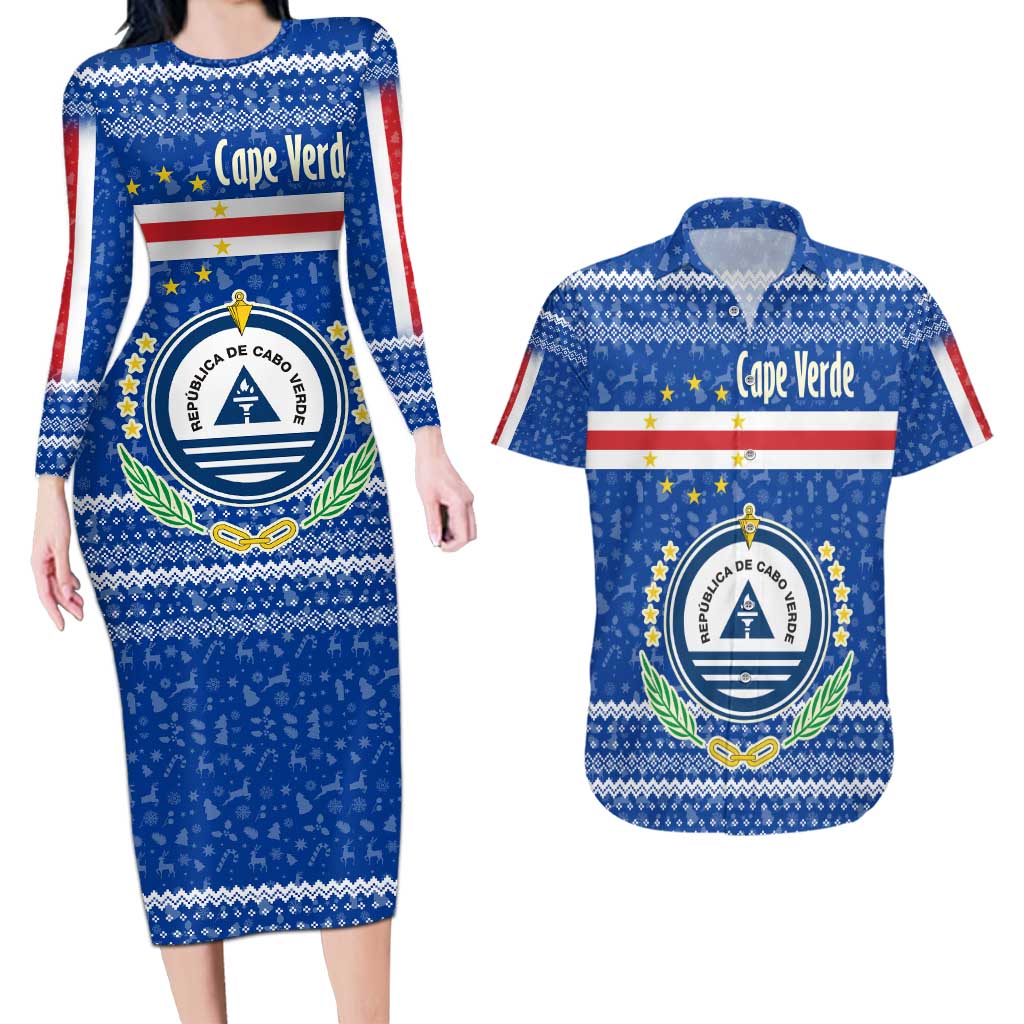 Cape Verde Christmas Couples Matching Long Sleeve Bodycon Dress and Hawaiian Shirt with Blue Festive Pattern Sailing Santa and National Emblem Motif - Wonder Print Shop