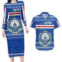 Cape Verde Christmas Couples Matching Long Sleeve Bodycon Dress and Hawaiian Shirt with Blue Festive Pattern Sailing Santa and National Emblem Motif - Wonder Print Shop