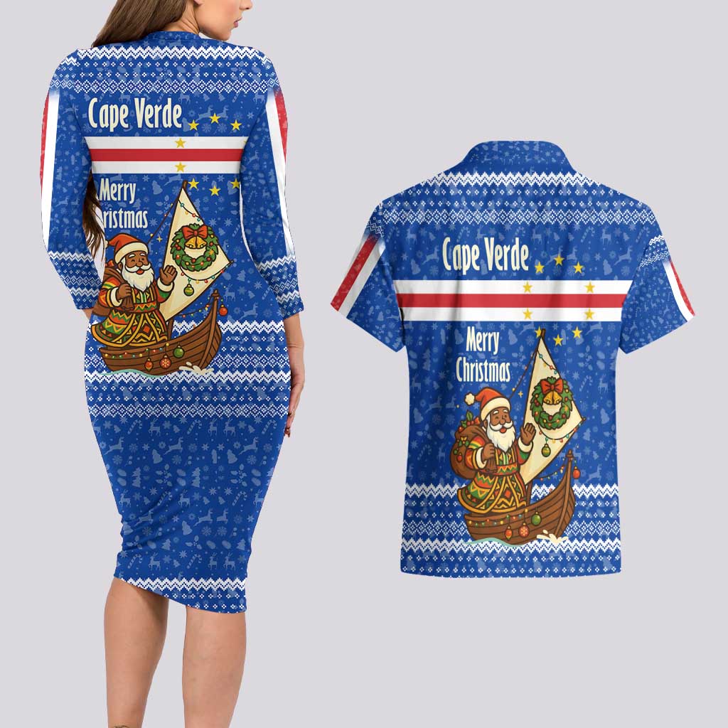 Cape Verde Christmas Couples Matching Long Sleeve Bodycon Dress and Hawaiian Shirt with Blue Festive Pattern Sailing Santa and National Emblem Motif - Wonder Print Shop